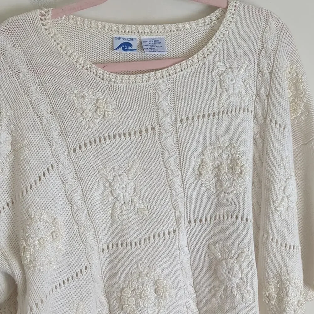 Vintage Cottagecore Cable Knit Embroidered Sweater Women's Oversized Large